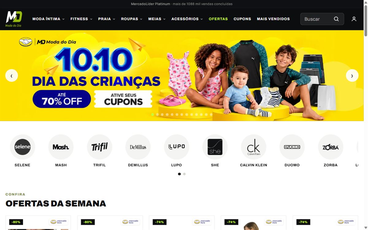 Página inicial do Moda do Dia, com o menu de categorias, um banner de ofertas e as marcas vendidas